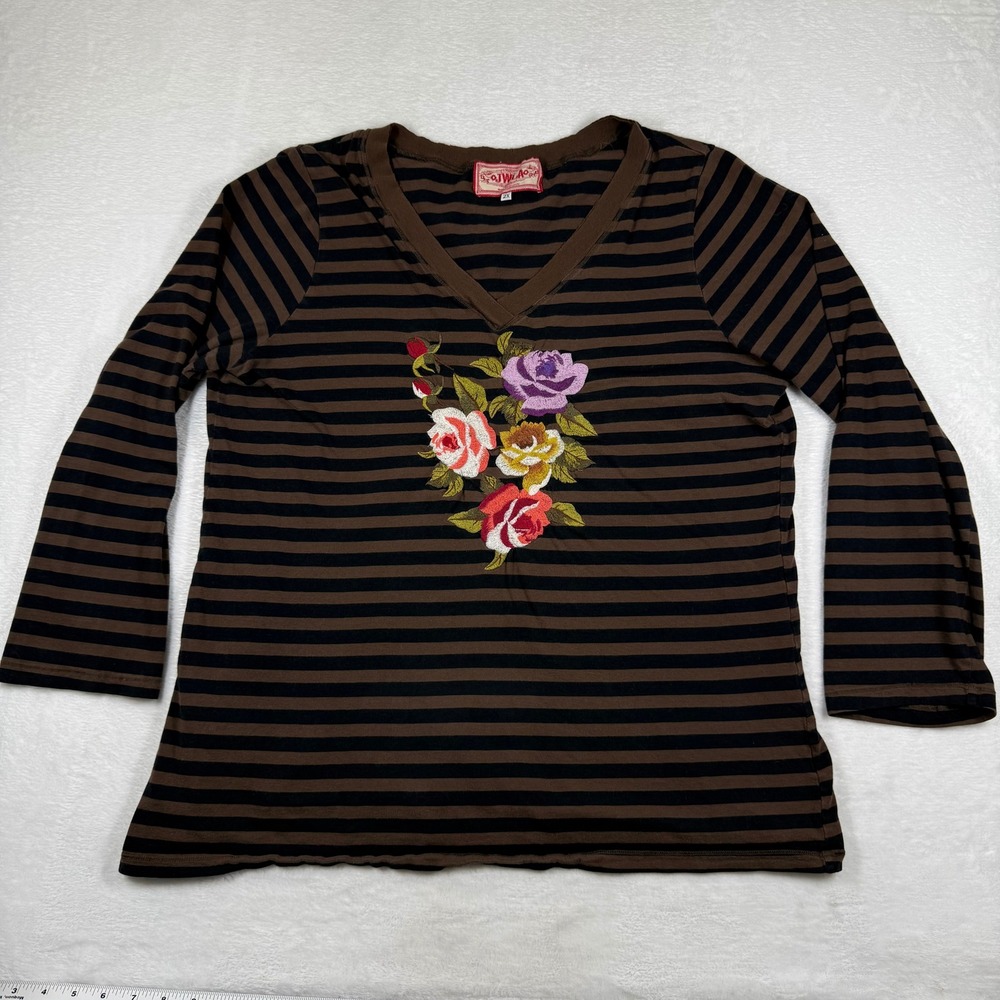 JWLA Johnny Was Brown Striped Floral Embroidered V-Neck Top Plus Size 2X